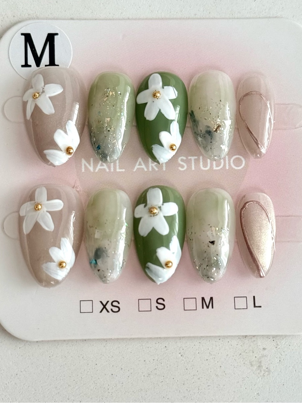 Hand-Painted Floral Press-On Nails in Green & Nude Short Almond Size M